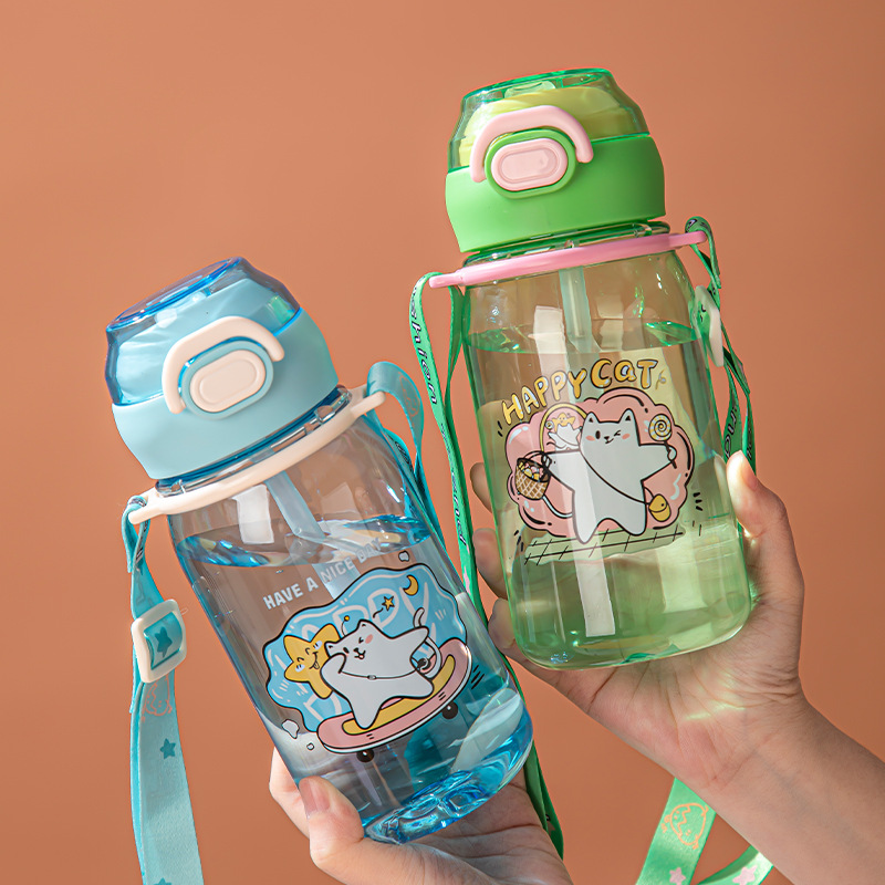 Large-capacity student portable water bottle, high-endurance children's plastic cup, outdoor anti-fall straw cup, high-temperature resistant water cup