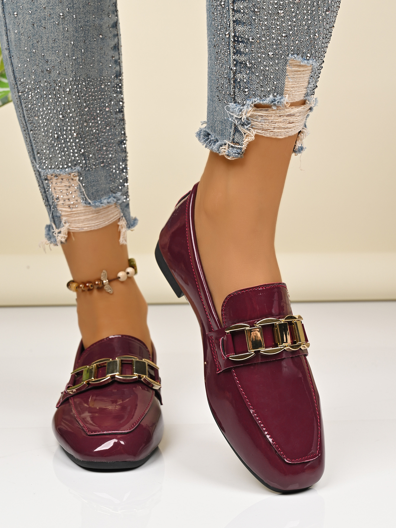 Women's Metal Chain Flat Loafers Autumn Casual Style Export Available New_vogvips.com