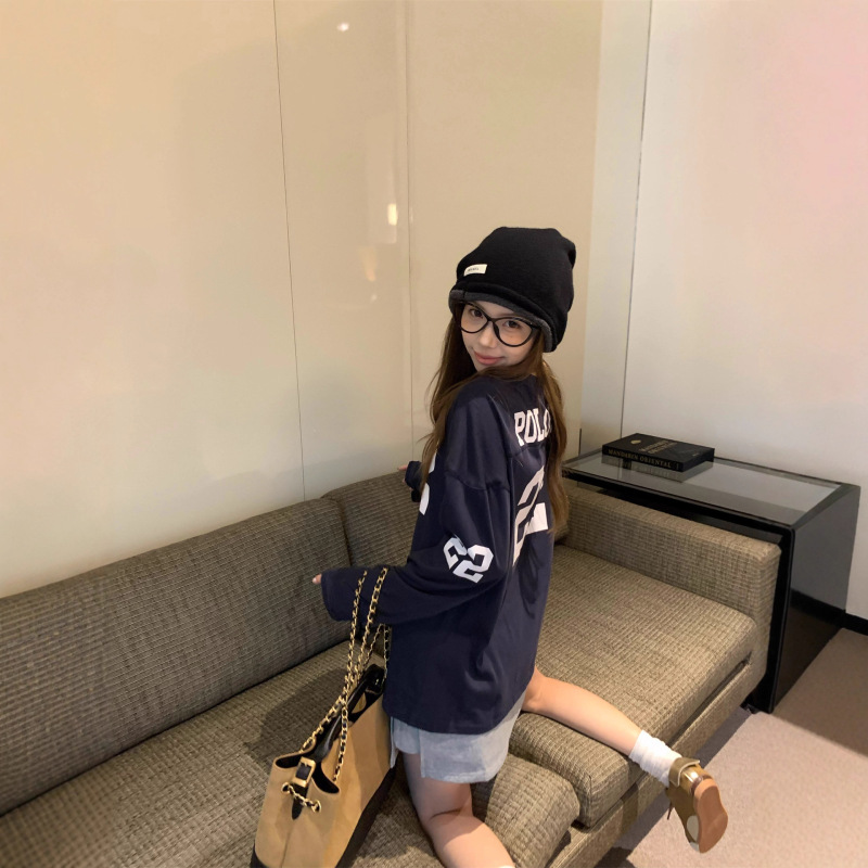 美式复古印花v领长袖T恤女秋季慵懒设计感宽松中长款辣妹休闲上衣|undefined