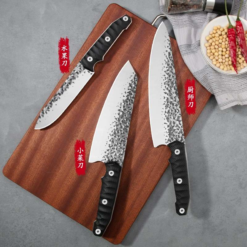Cross-border forging hammer pattern chef knife small kitchen knife fruit knife fiberglass handle stainless steel knife family outdoor meat cutting knife
