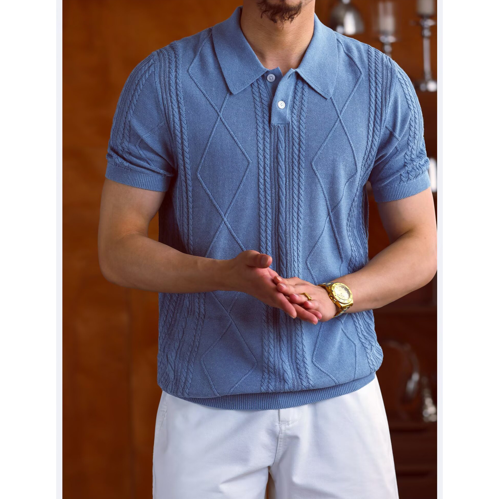 Polo camiseta camiseta de punto camiseta de manga corta camiseta de hombre estereoscópico torsión flor vieja viento de verano fábrica transfronteriza al por mayor