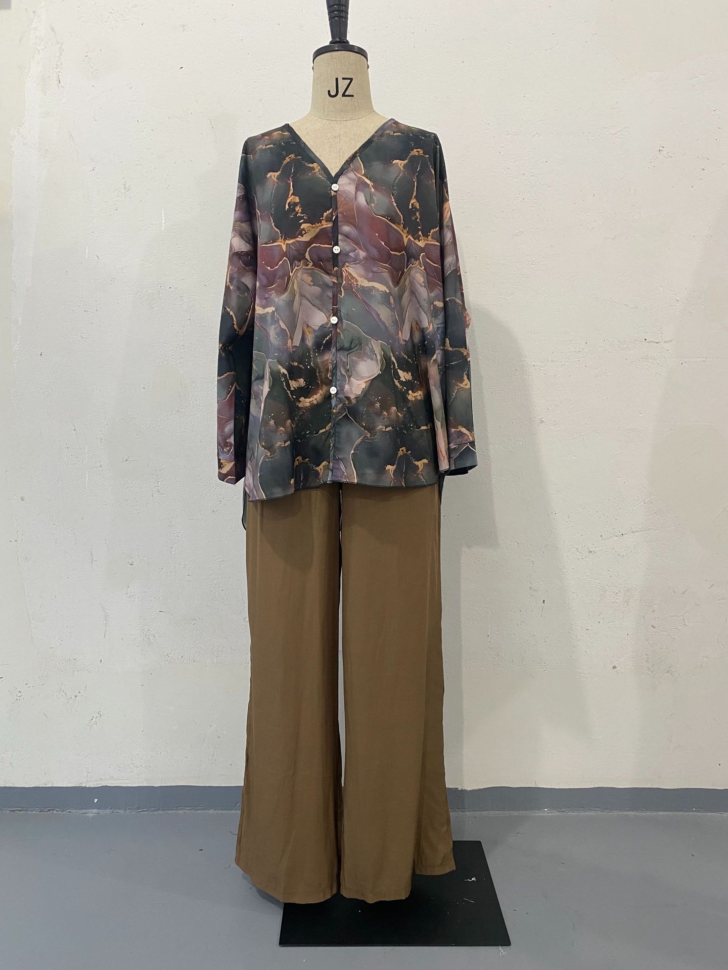 Spring Hand Painted Printed Shirt Top Wide Leg Pants Two Piece Women Clothing