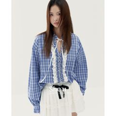 SHE U十三行韩系复古风格纹蕾丝拼接衬衫女2025秋季百搭宽松上衣