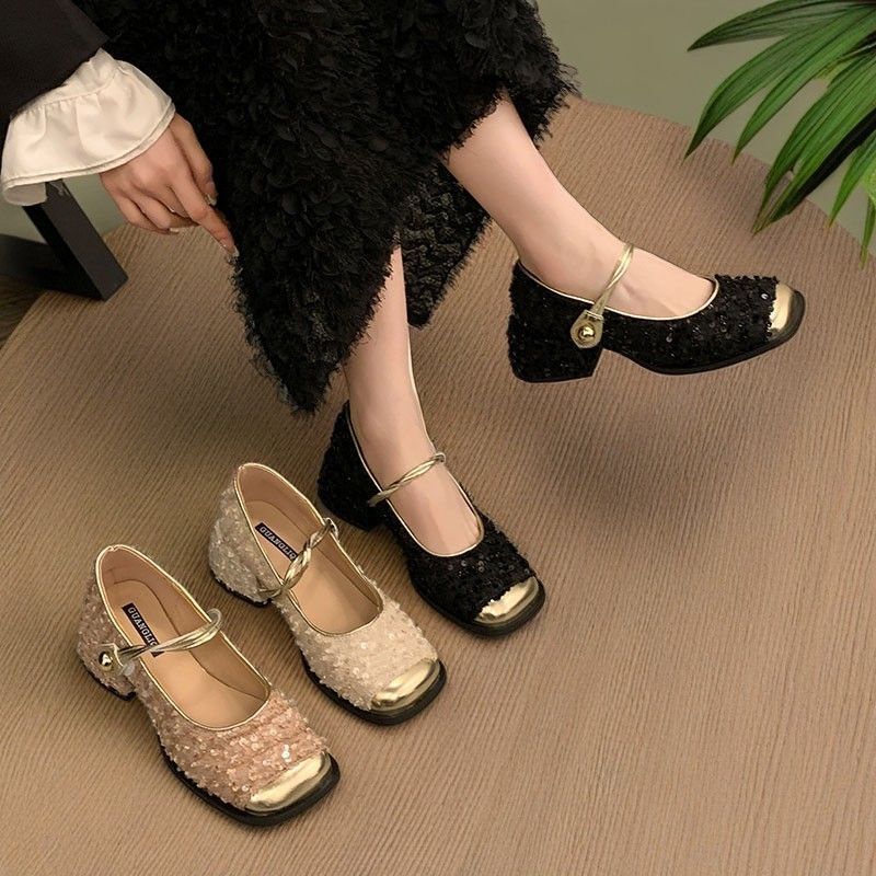All-Match Dress Gentle Fairy Style Thick Heel Mary Jane Shoes Women's 2024 New French Style Chanel Style Sequin Shoes