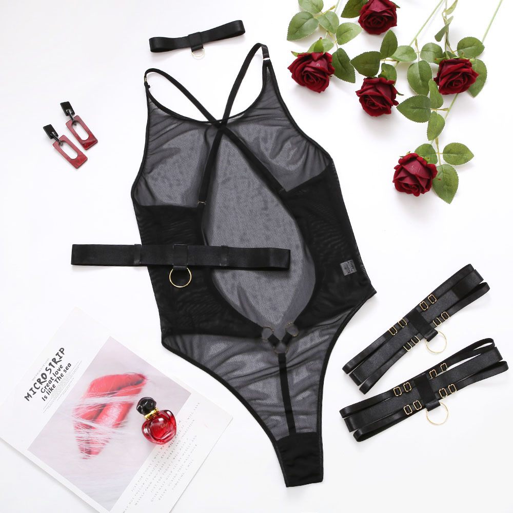 cross backless slim sleeveless solid color see-through one-piece underwear three-piece set NSRBL131759