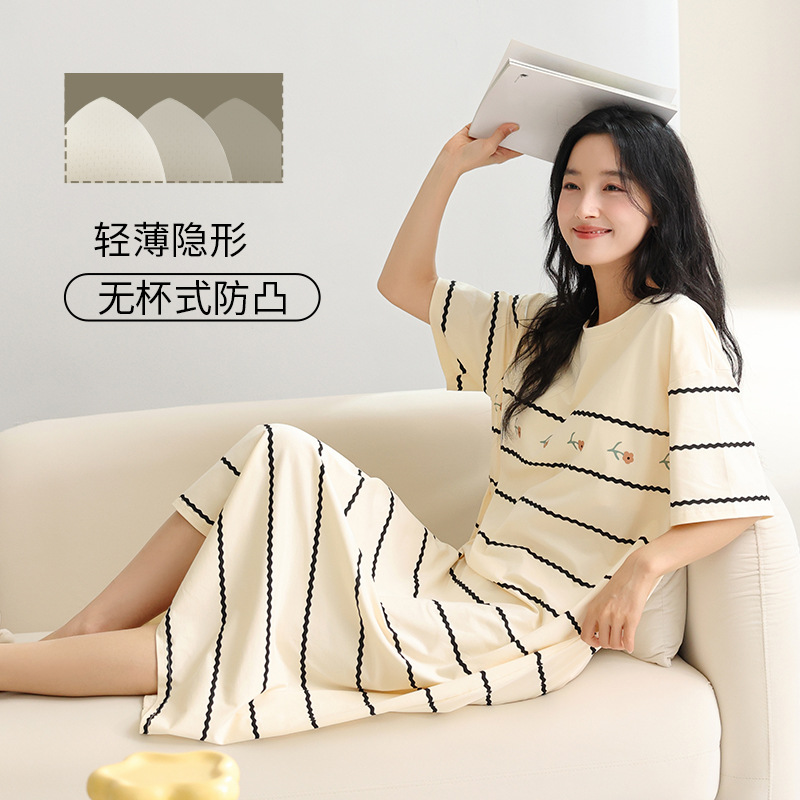 Pijama de algodón para mujeres con cojín de pecho pijama de mangas cortas 2025 nuevo vestido de cuello redondo se puede usar ropa de hogar grande