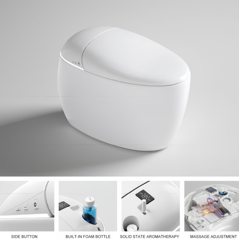 Fábrica de inodoro inteligente en forma de huevo ingeniería pie con asiento de inodoro con tanque de agua asiento de inodoro inteligente sifon de drenaje