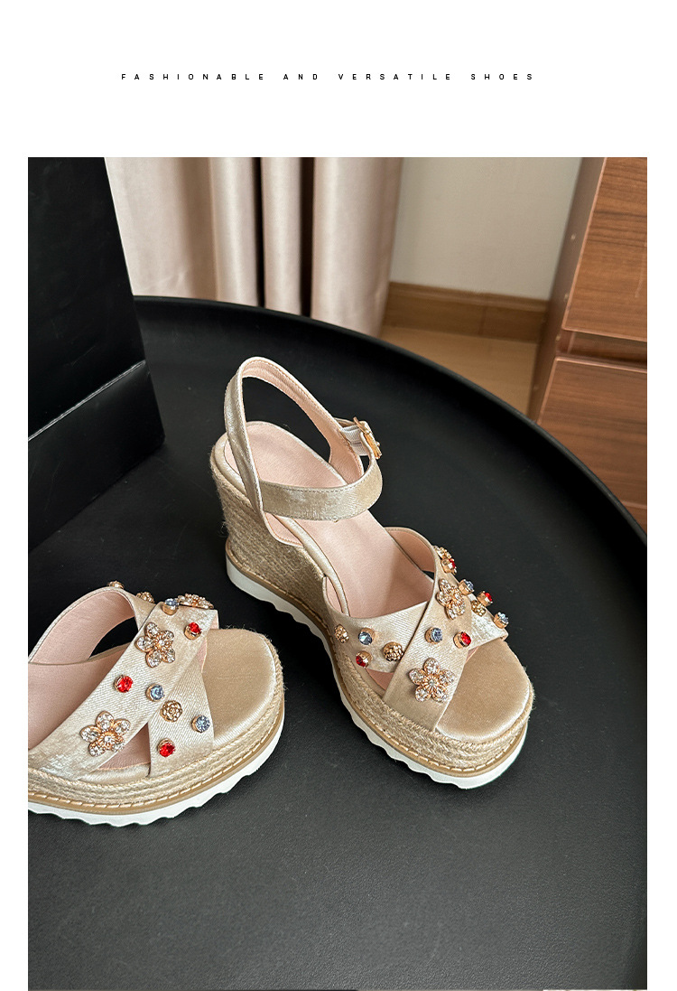 Sandal cao gót nữ đế xuồng đan rơm, mũi hở quai chéo đính hoa — Champagne màu, màu trắng ngà chi tiết 12