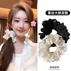 Girly atmosphere French retro heavy embroidery lace off-white hair ring intestine ring hollow head lace hair rope