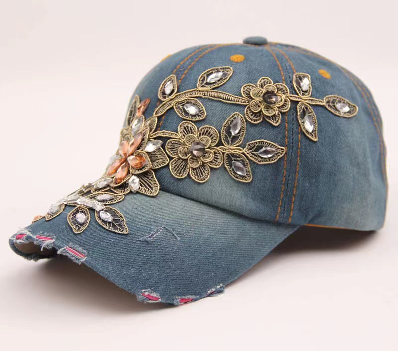 Comercio exterior sombrero de vaquero diamante hecho a mano gorra de béisbol industria pesada oro seda flor sombrero moda rhinestone sombrero fábrica al por mayor