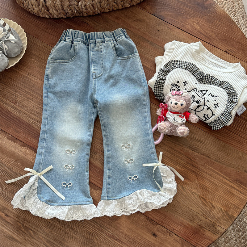 Sweet Little Girl Baby Lace Split Hem Jeans Spring and Autumn New Style Sweet and Stylish Flared Pants for Little Girls