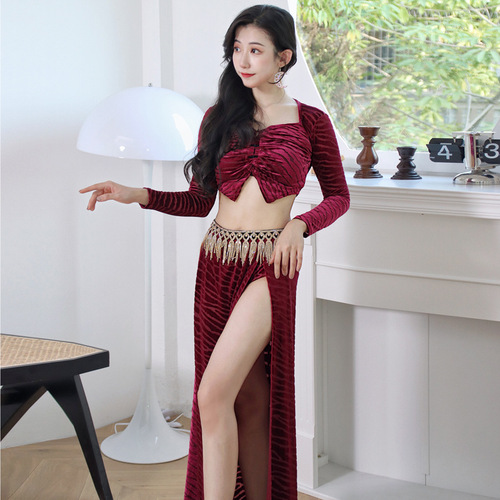 Belly dance 2024 spring and autumn new long-sleeved velvet practice suit suit sexy leg ring oriental dance costume performance costume