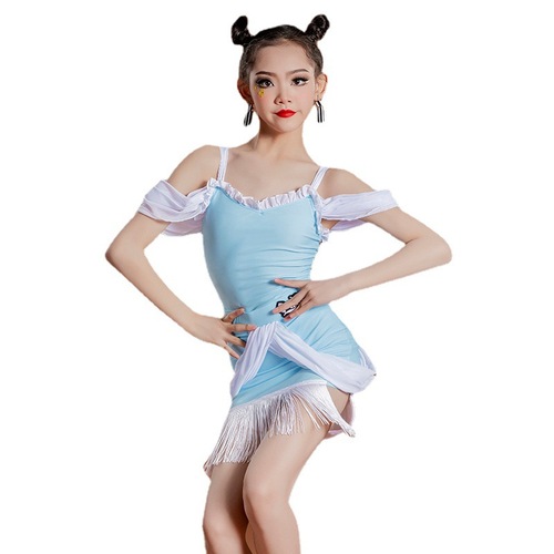 Blue White fringe Girls Latin Dance Dress Latin dance exercise under performance costumes children ballrooms salsa training Latin dance clothing 