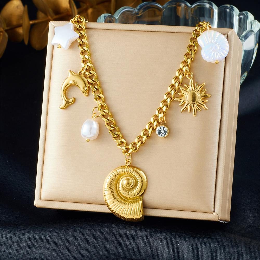 Simple Conch Sun Pearl Dolphin Gold-Plated charm thick Chain Stainless Steel Jewelry Necklace