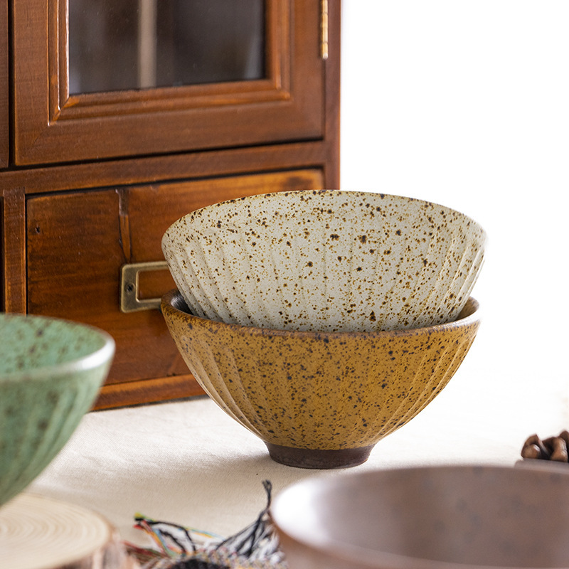 Japanese Style Vintage Wood-fired Coarse Pottery Small Bowl with Pointed Feet Ceramic Bowl Distinctive Nostalgia Rice Bowl Dessert Bowl Tableware Set