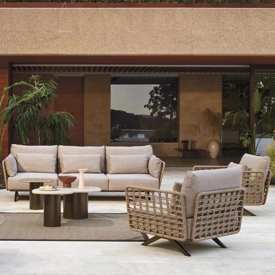 2025 sofá al aire libre trenzado de cuerda villa al aire libre hotel ventas de recepción negociación patio jardín terraza almacenamiento