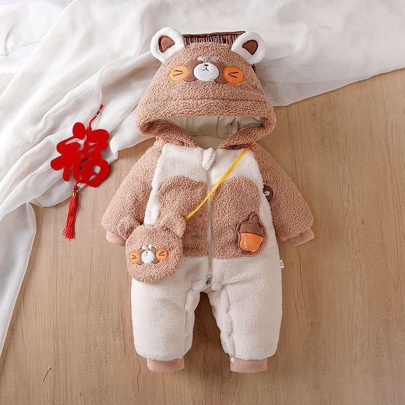 婴儿加绒加厚连体衣男女宝宝冬装棉衣防寒外出服新生夹棉爬服哈衣