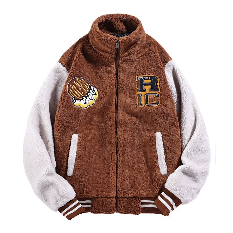 【Cross-Border Exclusive】Autumn and Winter Thickened Jacket for Men with Stand Collar, Color-Blocking Teddy Fleece Trendy Warm Top