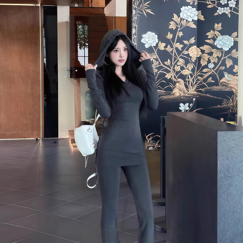 2025高级感连帽系带T恤上衣女秋季新款休闲微喇叭长裤子运动套装|undefined
