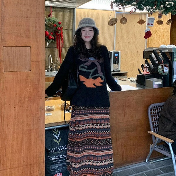 套装/单件韩版复古风黑色提花圆领毛衣女秋冬民族风费尔岛半身裙|undefined
