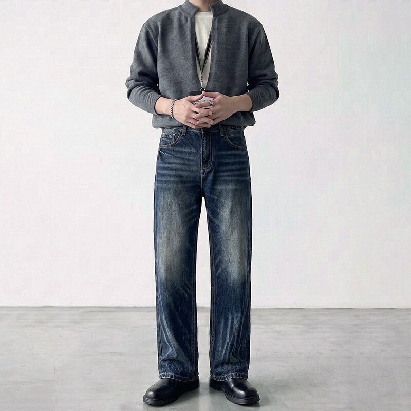Old Money Style Men's Slim Fit Stretch Jeans, Vintage Heavy Wash, Spring/Summer Trendy American High Street Straight Pants