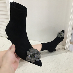 Autumn and Winter Boots 2025 European Chelsea High-Heeled Short Boots Women's Fashion Boots Pointed Toe Rhinestone Flower Black Elastic Boots