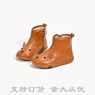 Bear cartoon children's leather boots autumn and winter New girls' short boots boys' Martin boots fleece-lined warm soft bottom snow boots