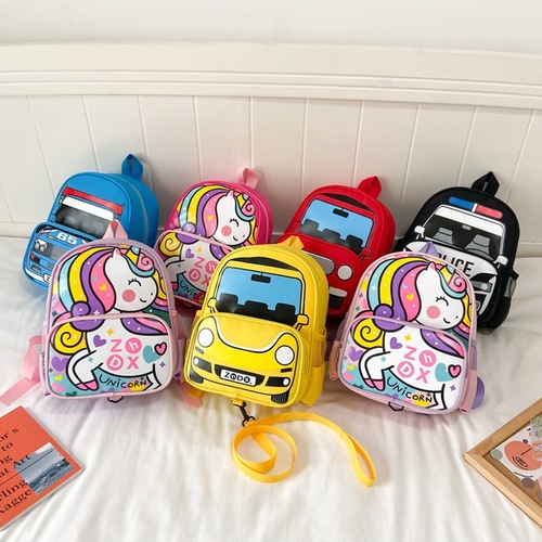 New personalized car printed schoolbags for boys and girls, children's travel schoolbags, cartoon unicorn girls' small schoolbags