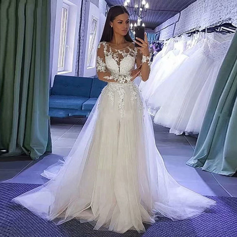 Europa y América del Comercio Exterior Amazon AliExpress deseo nuevo cuello redondo vestido de novia de encaje elegante de manga larga más tamaño vestido de novia