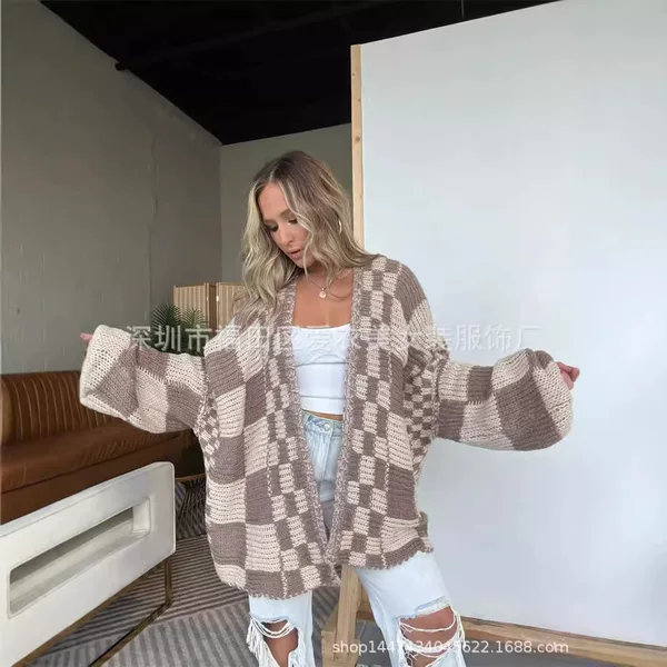 2025 Autumn and Winter European and American Cross-Border New Amazon Women's Casual Plaid Mid-Length Cardigan Knitted Sweater Jacket