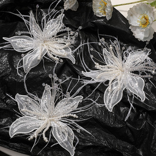 Beautiful pure white lace feather pearl crystal flower diy twist silk flower headdress clip corsage clothing accessories