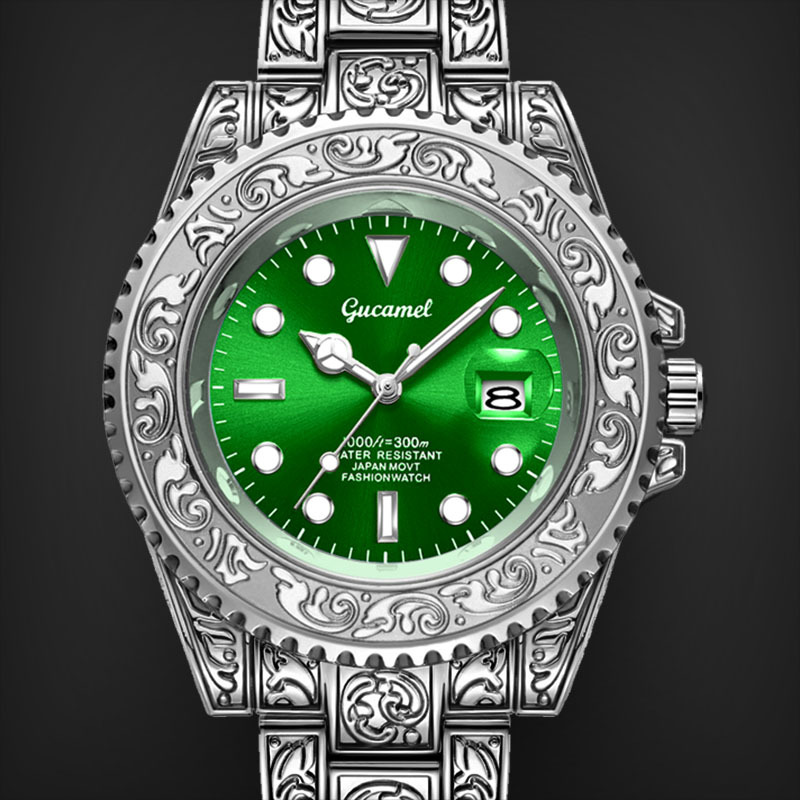 New Men's Watch Vintage Carved Quartz Watch Calendar Watch Cross Border Hot Water Ghost Watch