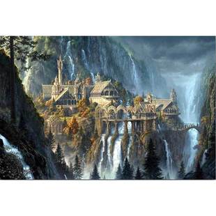 Deep Mountain Castle Mountain Forest architecture waterfall landscape ring king Rivendell fortress Diamond painting