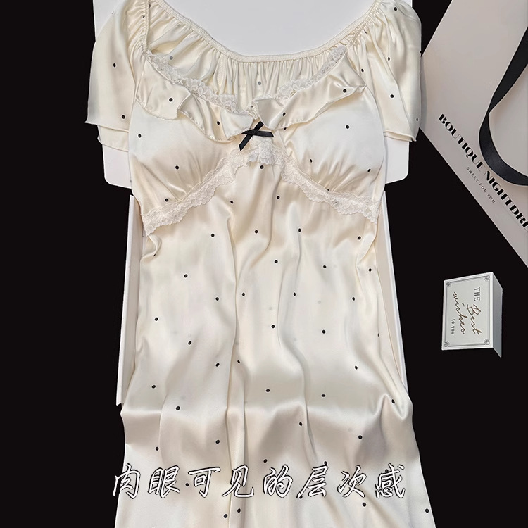 가슴 패드가 있는 여성용 아이스 실크 잠옷, 프렌치 코트 스타일 폴카 도트 여름 섹시한 작은 플라잉 슬리브 홈웨어 스위트 잠옷