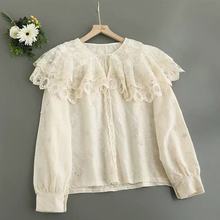 2025春季新款女翻领日系棉衬衫蕾丝宽松上衣开衫小清新森系女装