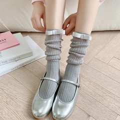 French-style ballet long cotton socks with a single bow knot—sweet, ultra-thin, wide-striped knee-high socks for JK girls.