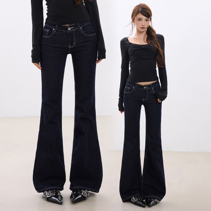 Classic flip-over low-rise stretch raw denim flared jeans, slim-fit, slimming, long pants, extra length Classic flip-over low-rise stretch raw denim flared jeans, slim-fit, slimming, long pants, extra length