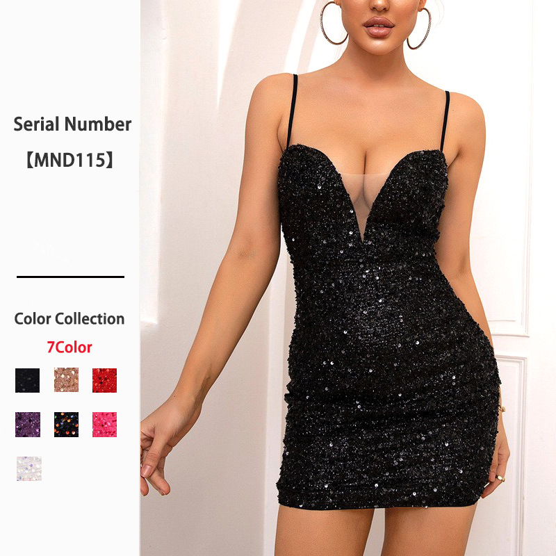 European and American Cross-Border Best-Selling V-Neck Suspender Sequin Dress, Elegant Lady Party Little Black Dress, Sexy Backless Skirt