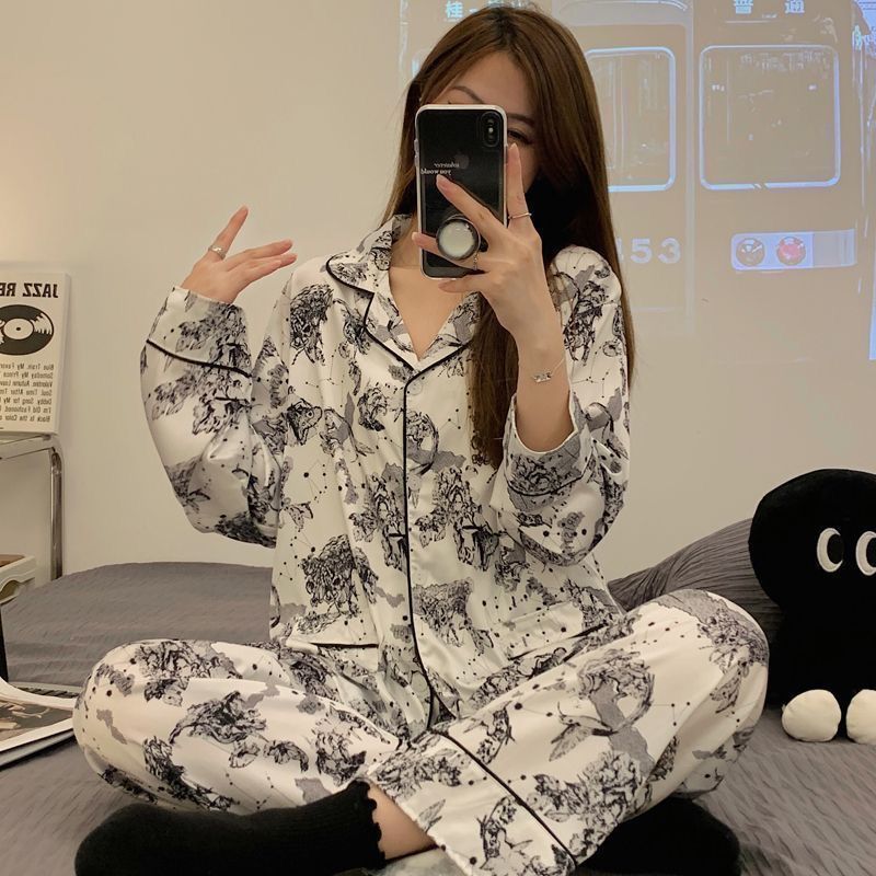 感绿色花卉印花冰丝睡衣女春秋季2025新款长袖套装丝绸家居服|undefined