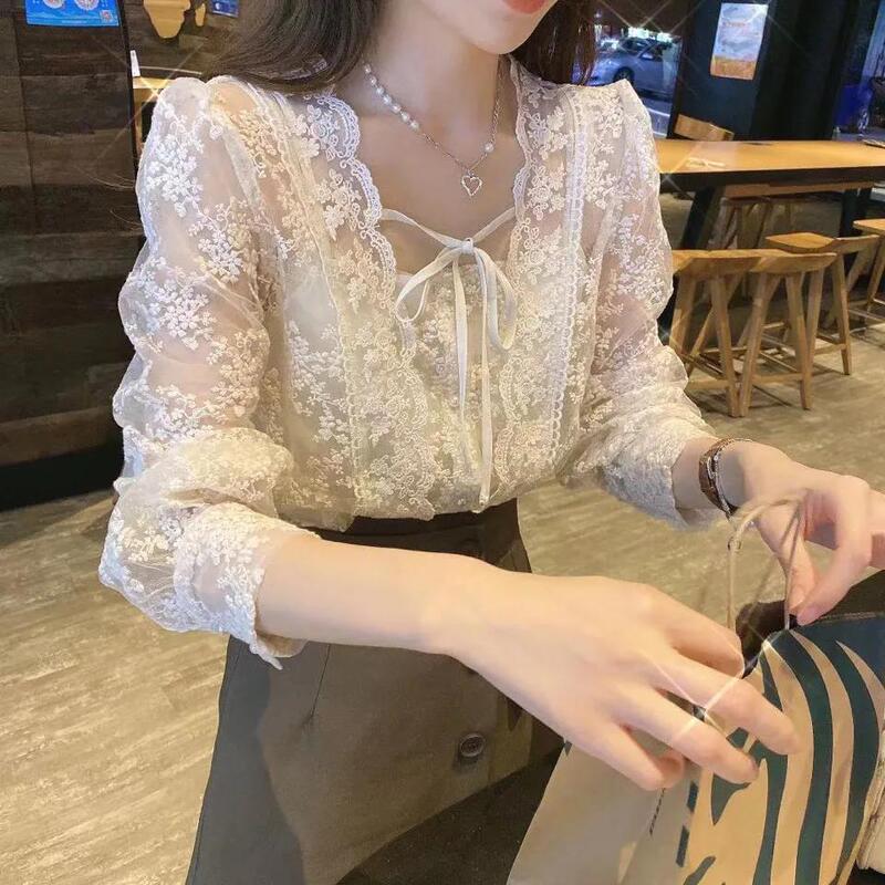 韩版早秋新款系绳蕾丝小上衣搭配吊带温柔减龄韩系风上衣女潮|undefined