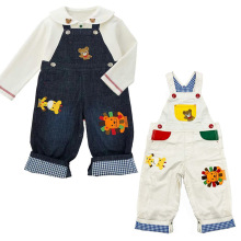 现货长裤秋季新款儿童卡通可爱小熊动物园刺绣牛仔背带裤代发