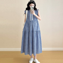 妊婦ワンピース夏2025夏ゆるい大きいサイズ妊婦服高級感綿麻格子妊婦スカートロングタイプ