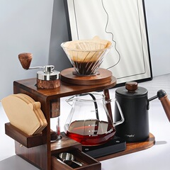 手淹れコーヒーポットセット、手挽きコーヒーマシン、手回しコーヒー器具、収納木製スタンド一式