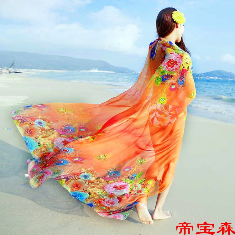 [Three sizes]Korean Edition Super large Silk scarf Sunscreen Chiffon Versatile dance Spring printing Shawl scarf