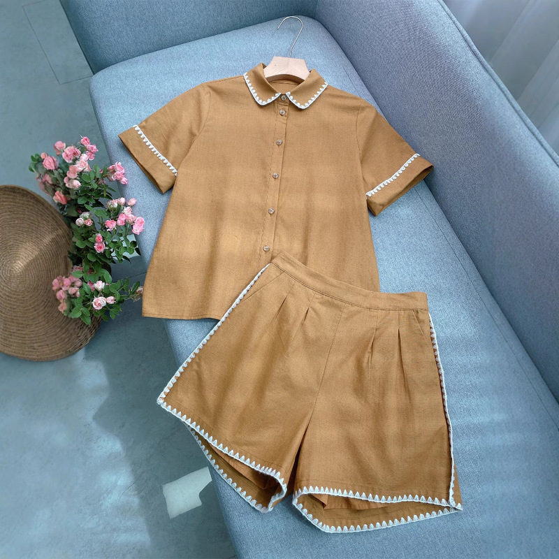 Casual Casual 2-Color Linen Exquisite Crochet Lace Lapel Short-Sleeved Shirt Top + Shorts Relaxed Suit Casual Casual 2-Color Linen Exquisite Crochet Lace Lapel Short-Sleeved Shirt Top + Shorts Relaxed Suit