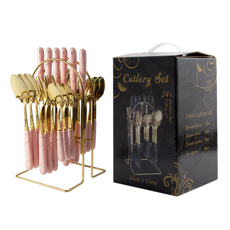 Cuchillo de acero inoxidable transfronterizo, tenedor y cuchara jaspeado cuchillo de carne restaurante del hotel cuchara tenedor mango de cerámica caja de regalo de 24 piezas