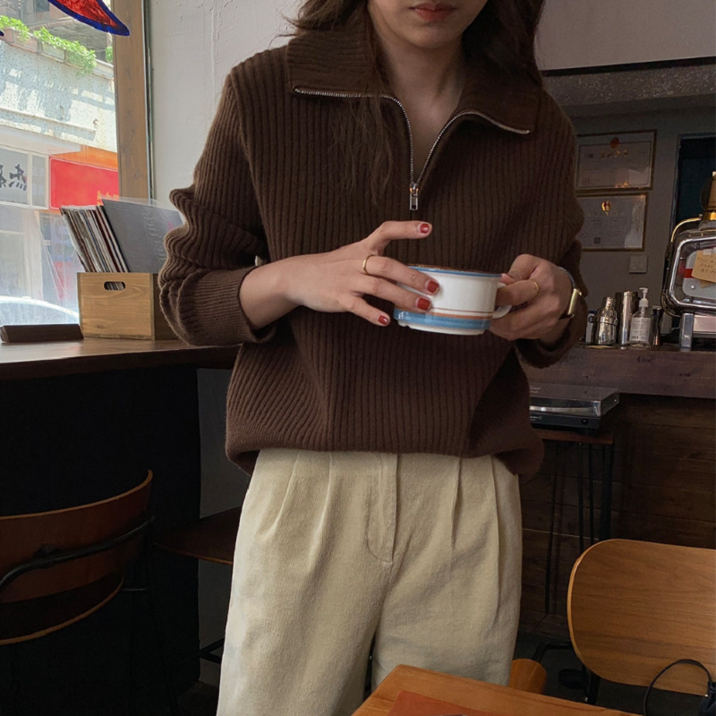 Diseño coreano con collar con cremallera, suéter de invierno de otoño, nueva moda, suelta y versátil, camiseta de punto superior image 3