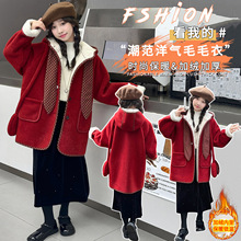 冬季中大女童加绒呢大衣童装儿童女孩红色中长款厚外套过年衣服潮