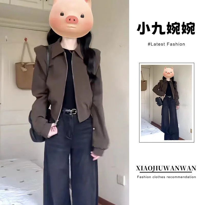美拉德穿搭深棕色正肩夹克短外套女秋冬新款宽松褶皱抽绳垫肩上衣|undefined