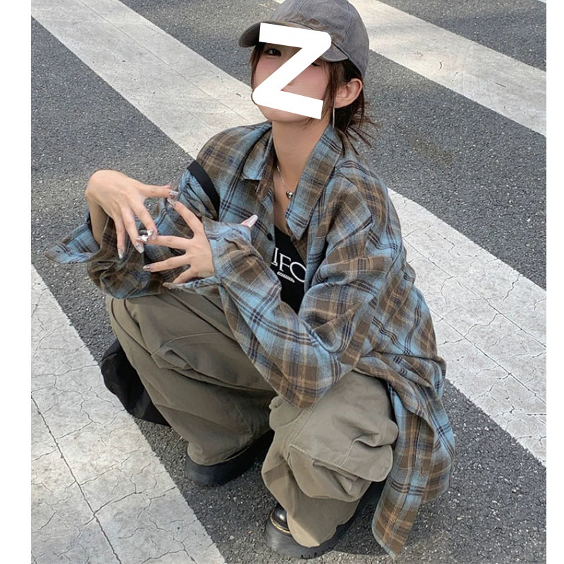 美式复古POLO领格子长袖衬衫女春夏2025新款慵懒街头外套宽松上衣